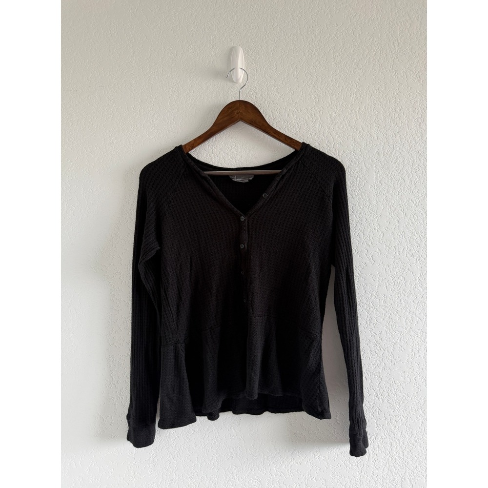 Anthropologie Boho Thermal Henley Top Size S Black Waffle Knit Peplum  Babydoll